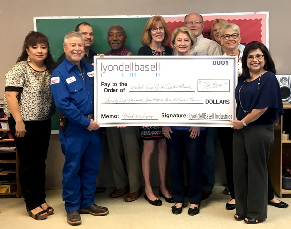 Employees from LyondellBasell’s Corpus Christi Complex celebrate a successful contribution campaign with representatives from United Way of the Coastal Bend. Pictured L-R are: Cristina Martinez, Robert Ybarra, Shawn Lynn, Huey Dorn, Donna Hurley, Berni Klostermann, Randy Tatum, Teri Harris, Catrina Wilson and Diana Gonzalez.