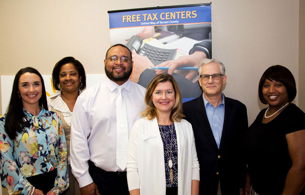 Employees from LyondellBasell’s Mansfield Plant celebrate a successful United Way contribution campaign with representatives from the Wesley Mission Center at the new Mansfield Volunteer Income Tax Assistance Center, both United Way-funded programs.