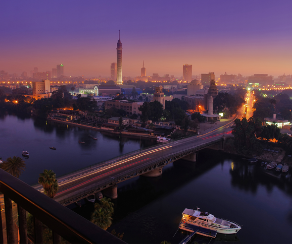 Evening view of Cairo cityscape with the Nile River