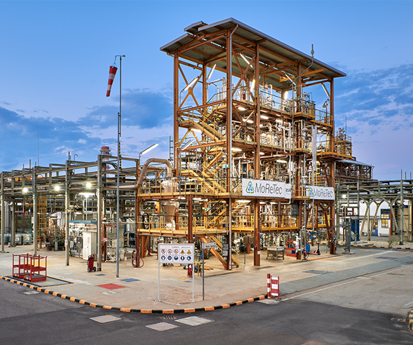 MoReTec chemical recycling facility with metal scaffolding