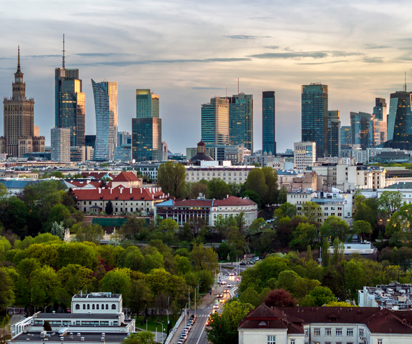 Aerial view of Warsaw’s cityscape at sunset