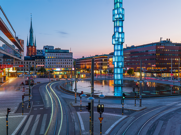 Evening view of Sergels Torg in central Stockholm