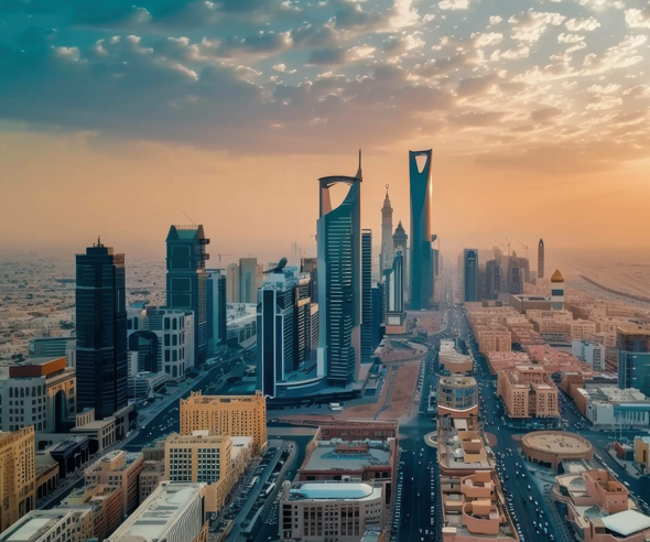 Aerial view of Riyadh skyline at sunset