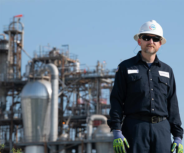 LYB Equistar Pipelines Employee pictured in front of Site for safety awareness