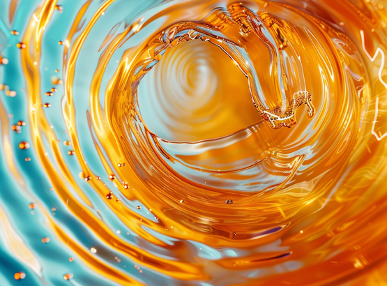 Abstract close‑up of swirling amber and blue liquid forms, creating a dynamic, fluid motion pattern