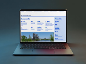 Laptop displaying LYB Sustainability Report highlights.