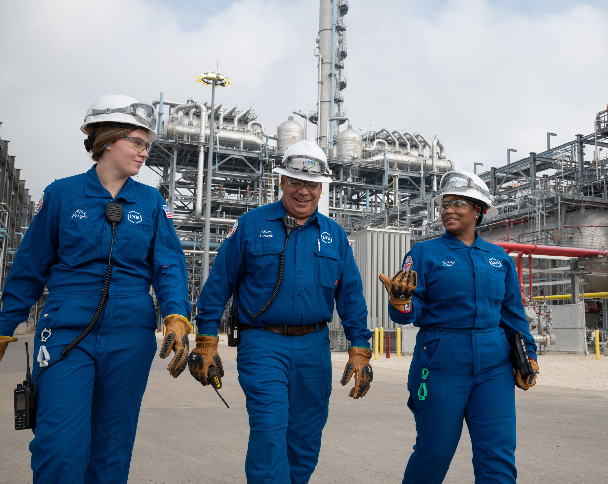 LYB Channelview employees walking in the workplace.